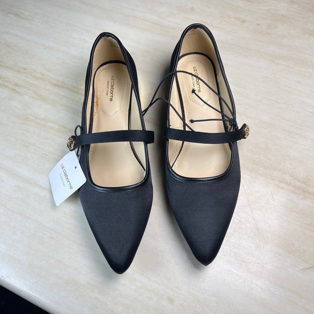 Liz Claiborne Black Satin Pointed Toe Mary Jane Flats with Gold Heel Memory 8.5 - Picture 6 of 12